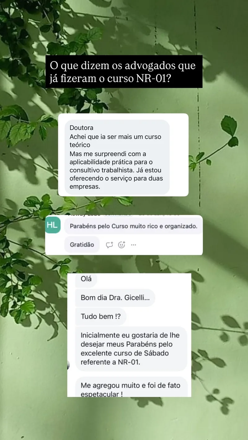 Depoimentos de advogados sobre o curso NR-01: aplicabilidade prática no consultivo, curso rico e organizado