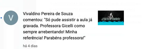 Comentário de Vivaldino Pereira de Souza elogiando a aula da professora Gicelli